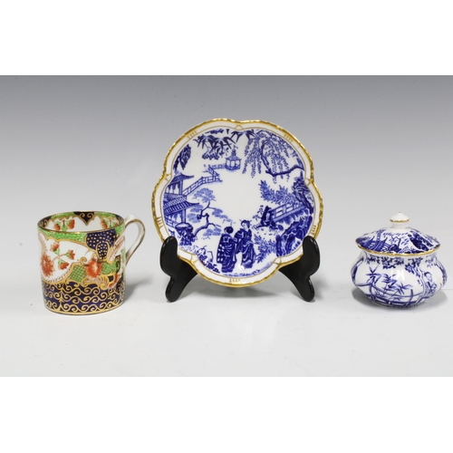 325 - Royal Crown Derby Mikado pattern jar and cover with matching saucer and a Duchess China Imari coffee... 