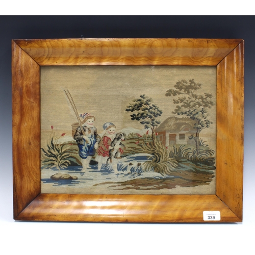 339 - 19th century wool embroidered panel framed under glass within a satinwood frame, size overall 53 x 4... 