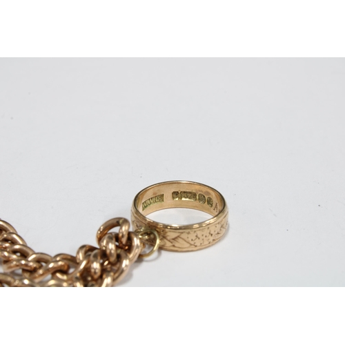 34 - 9ct rose gold curb link bracelet with a 9ct gold wedding band with London 1957 hallmark, 9ct gold mo... 