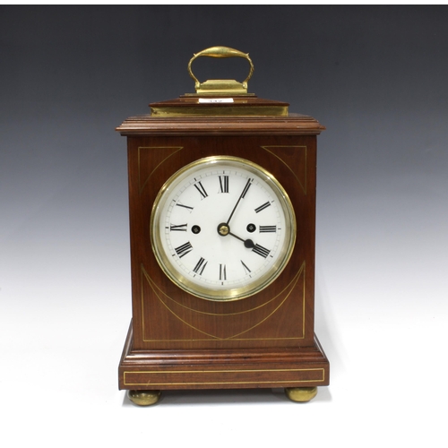 342 - Mahogany cased bracket clock with brass carry handle, circular enamel dial with roman numerals, doub... 