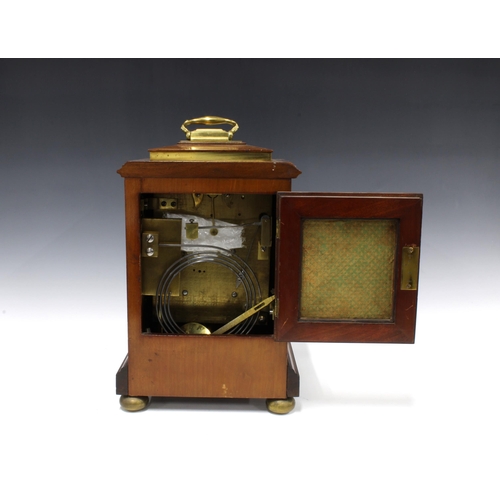 342 - Mahogany cased bracket clock with brass carry handle, circular enamel dial with roman numerals, doub... 