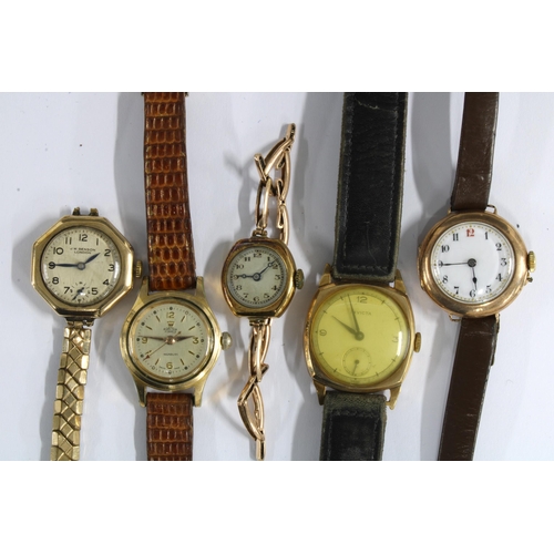 38 - Five vintage wristwatches to include a Gents 9ct gold cased wristwatch on a black leather strap, Lad... 