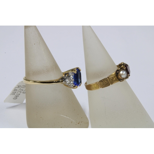 40 - Edwardian unmarked yellow metal gemset ring, size N, and a modern gold plated dress ring size R (2)