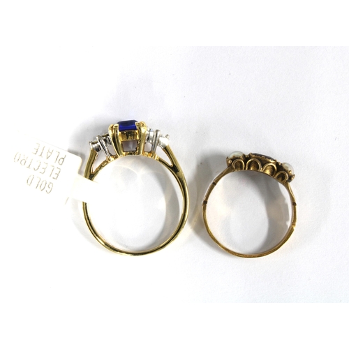 40 - Edwardian unmarked yellow metal gemset ring, size N, and a modern gold plated dress ring size R (2)