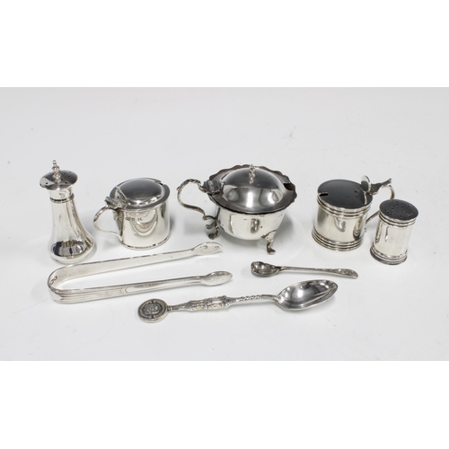 60 - Five silver condiments with various hallmarks together with silver sugar tongs and teaspoon, (7)