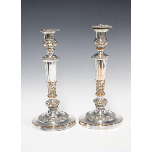 66 - A pair of silver plate on copper candlesticks with detachable sconces, 27cm (2)