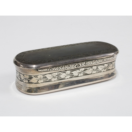 70 - Victorian silver snuff box, of oblong form with hinged lid, engraved foliate pattern, George Unite, ... 