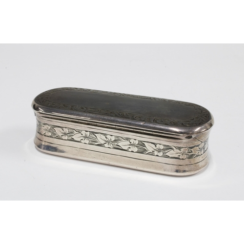 70 - Victorian silver snuff box, of oblong form with hinged lid, engraved foliate pattern, George Unite, ... 