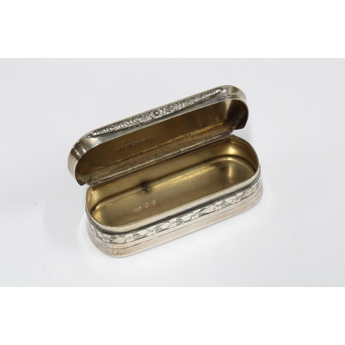 70 - Victorian silver snuff box, of oblong form with hinged lid, engraved foliate pattern, George Unite, ... 