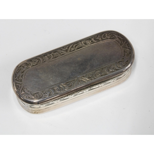 70 - Victorian silver snuff box, of oblong form with hinged lid, engraved foliate pattern, George Unite, ... 