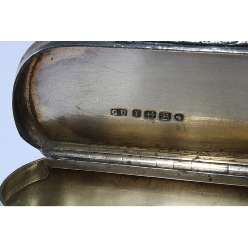 70 - Victorian silver snuff box, of oblong form with hinged lid, engraved foliate pattern, George Unite, ... 