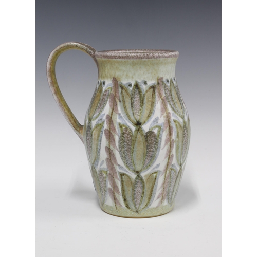 83 - Glyn Colledge for Denby, stoneware jug with green an white glazed pattern, signed on base, 20 x 16cm... 