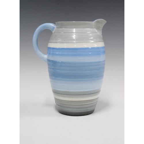 84 - Shelley Art Deco blue banded Harmony jug, printed factory backstamp, 21 x 16cm.