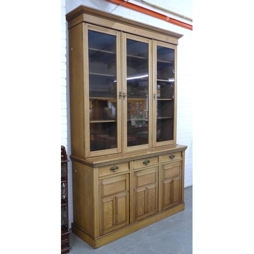 290 - An oak bookcase cabinet, projecting cornice above three glazed doors with a shelved interior, over t... 