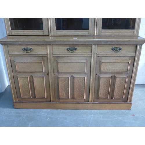 290 - An oak bookcase cabinet, projecting cornice above three glazed doors with a shelved interior, over t... 