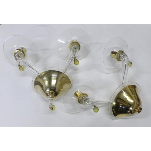 347 - A pair of contemporary glass twin arm wall lights with brass mounts and Murano type coloured glass d... 