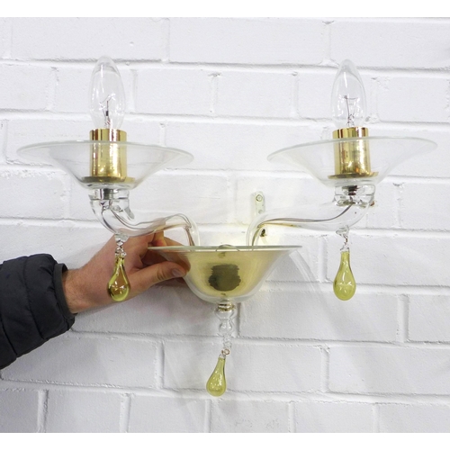 347 - A pair of contemporary glass twin arm wall lights with brass mounts and Murano type coloured glass d... 