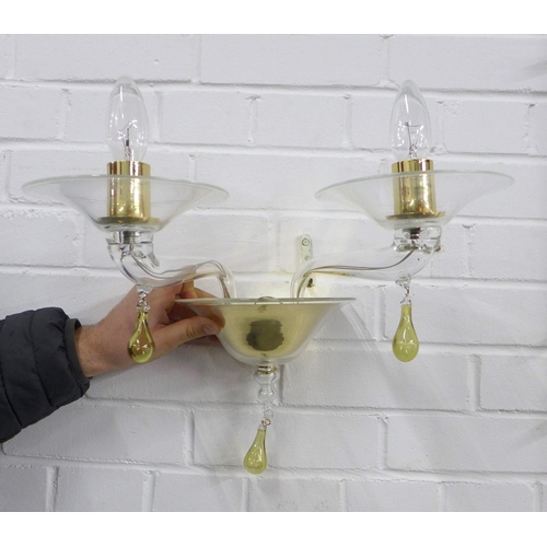 348 - A pair of contemporary glass twin arm wall lights with brass mounts and Murano type coloured glass d... 