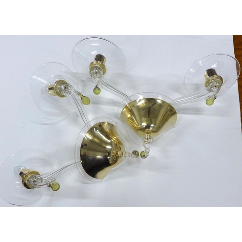 349 - A pair of contemporary glass twin arm wall lights with brass mounts and Murano type coloured glass d... 