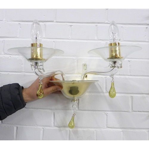 349 - A pair of contemporary glass twin arm wall lights with brass mounts and Murano type coloured glass d... 