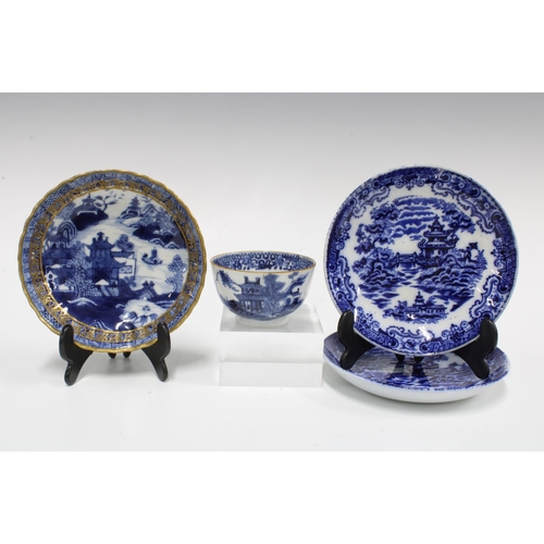 103 - Chinese blue and white teabowl and saucer with gilt edged rim together with two blue an white saucer... 