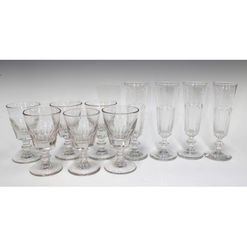 107 - Set of six Victorian facet cut glass rummers and three champagne flutes (9) 18cm.