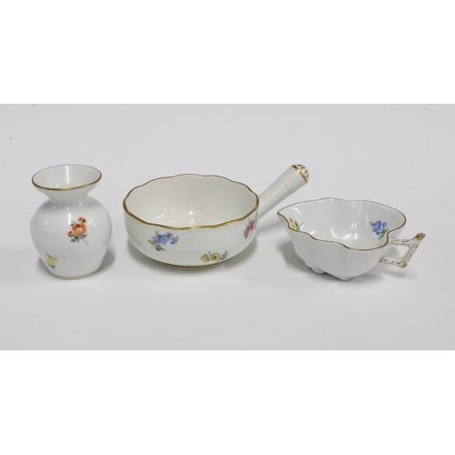 112 - Meissen miniature porcelains to include a  pickle dish, 9cm, miniature porcelain vase, 6.5cm and a p... 