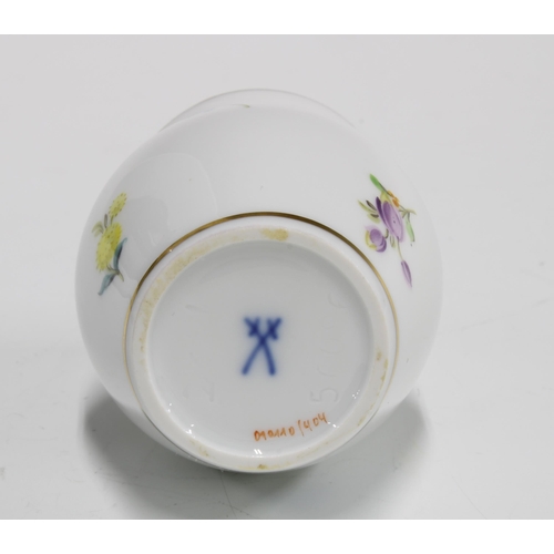 112 - Meissen miniature porcelains to include a  pickle dish, 9cm, miniature porcelain vase, 6.5cm and a p... 