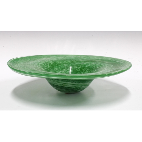 113 - Green art glass bowl with a  flattened rim and swirling pattern, 31cm.