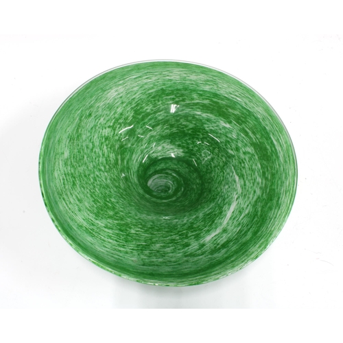 113 - Green art glass bowl with a  flattened rim and swirling pattern, 31cm.