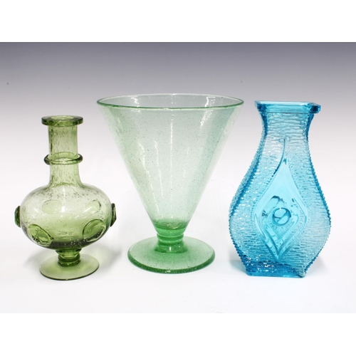 114 - Coloured art glass to include two Clutha style vases and pale blue moulded glass vase, (3) 22cm.