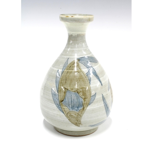 125 - Japanese studio pottery vase, bottle neck form and painted with carp , impressed marks, 21cm.