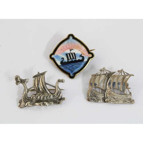 13 - Silver and enamel Viking boat brooch, stamped 925S together with a silver brooch stamped 830 and a w... 