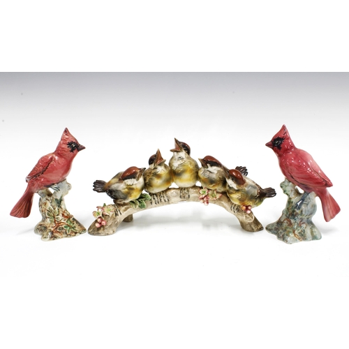 134 - A pair of Beswick red cardinal birds, No.927 and Capodimonte birds (3) 28cm.