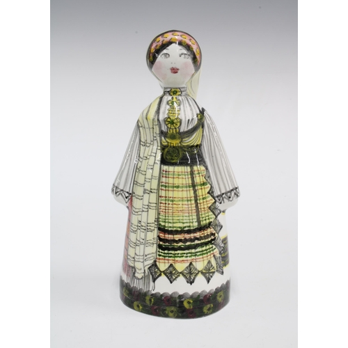 138 - Continental pottery figure of a woman in national dress, indistinctly signed, 21 x 10cm.