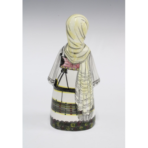 138 - Continental pottery figure of a woman in national dress, indistinctly signed, 21 x 10cm.