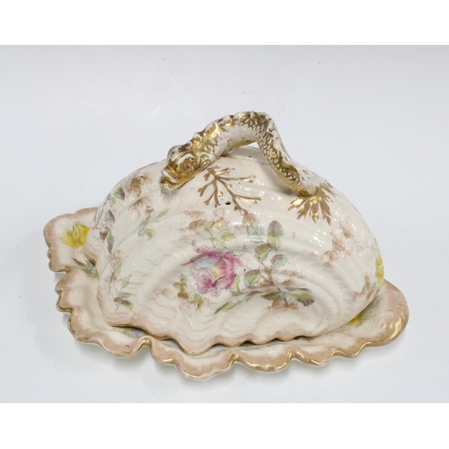 144 - 19th century Staffordshire Devon Roses pattern butter dish and stand, 28cm.