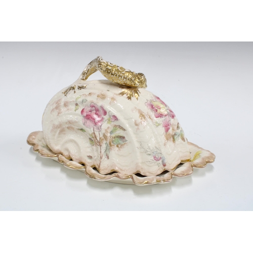 144 - 19th century Staffordshire Devon Roses pattern butter dish and stand, 28cm.