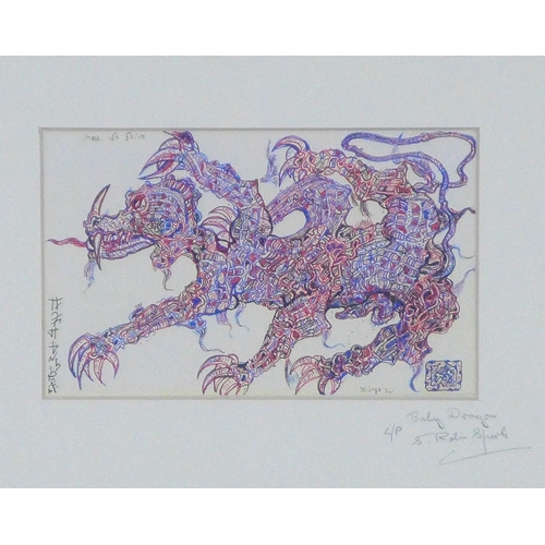 151 - ROBIN SPARK (1938 - 2016) baby dragon, coloured print, pencil signed, framed under glass, 16 x 10cm