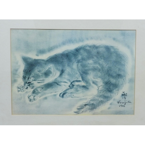 152 - Léonard Tsuguharu Foujita (1886-1968) coloured print of a cat, framed under glass, 27 x 18cm