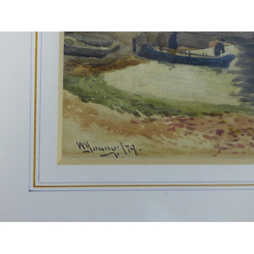 153 - W. YOUNG, watercolour of a quayside loch, signed and dated '79, framed under glass, 25 x 17cm