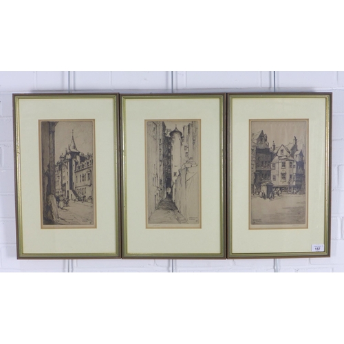 157 - JSC SIMPSON, three framed etchings to include Canongate Tolbooth, Advocates Close and John Knox's Ho... 