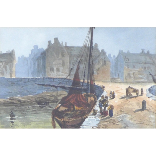 159 - LIZZIE WALKER, EAST NEUK HARBOUR, watercolour, framed under glass with title label verso, 30 x 20cm