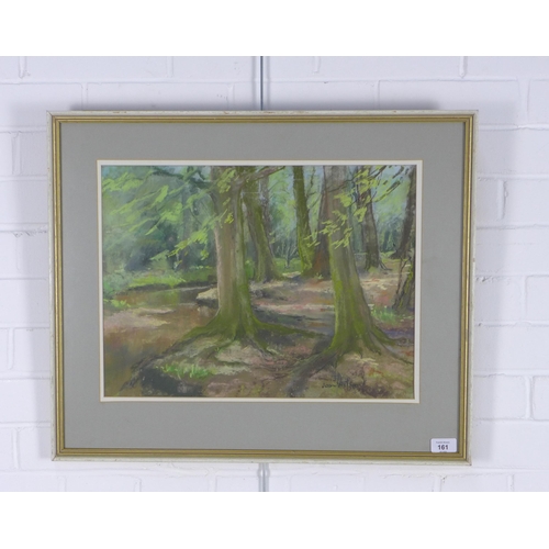 161 - JOAN WILFORD, OBER WATER AT POTTLES BRIDGE, pastel on paper, signed, framed under glass with title l... 