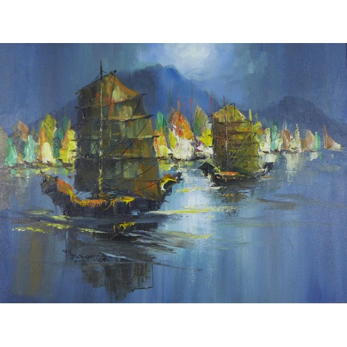 165 - MID CENTURY SCHOOL, oil on canvas of sailing ships, signed indistinctly and dated '69, framed, 59 x ... 