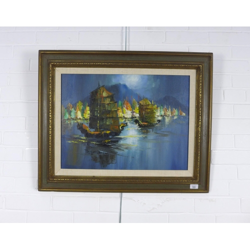 165 - MID CENTURY SCHOOL, oil on canvas of sailing ships, signed indistinctly and dated '69, framed, 59 x ... 