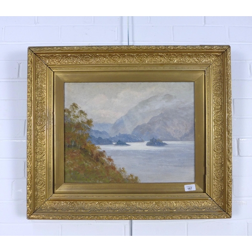 167 - R.B JOHNSTON, Loch Scene on card, signed, in an ornate frame, 46 x 36cm