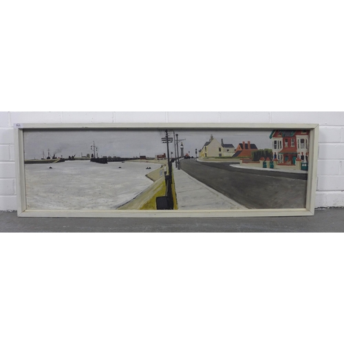 174 - MID CENTURY SCHOOL, UNTITLED SHORE & STREET SCENE, oil on board, unsigned and framed, back board nam... 