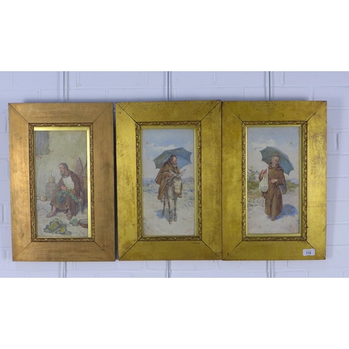 179 - EDOUARDO VITALI (19th century) three watercolours of Monks, signed and framed under glass, 17 x 34cm