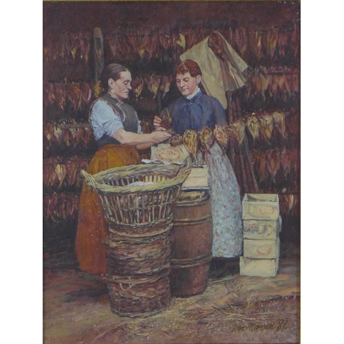 184 - TOM MANSON (BORN 1940) TWO NORTH EAST FISHWIVES, oil on board, signed and dated '81, framed under gl... 